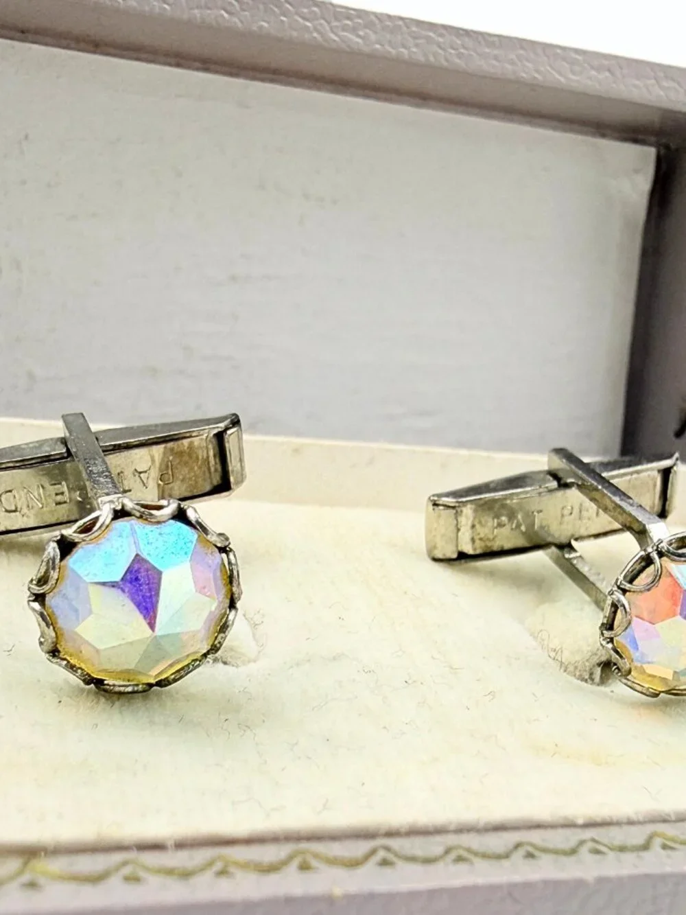 MCM Marked Pat Pend AB Crystals Silver Plated Evening Wear Cufflinks